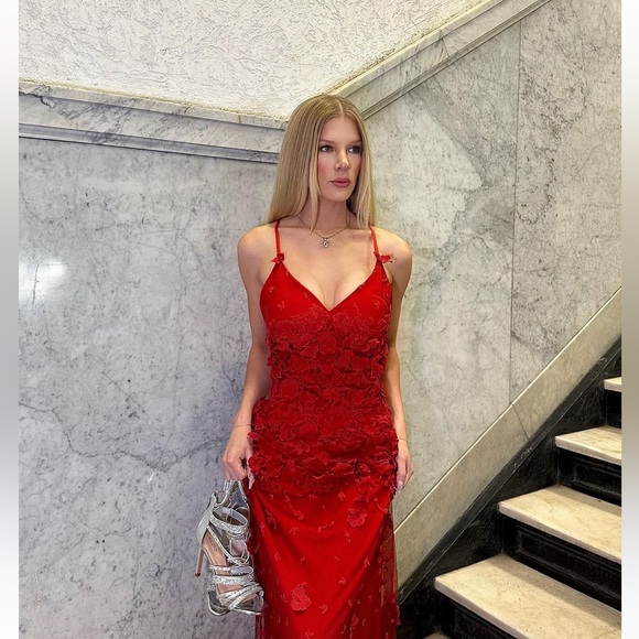 RED FLORAL EMBROIDERED DRESS XS - Picture 5 of 7